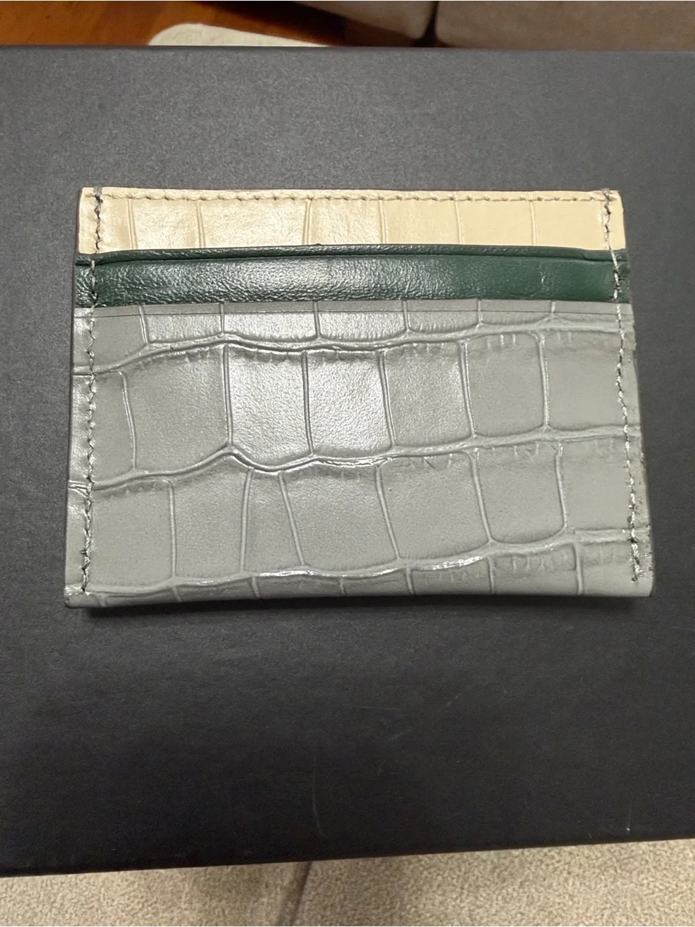 Tory Burch Gray Embossed Croc Card Case with Blue and Sand Slots